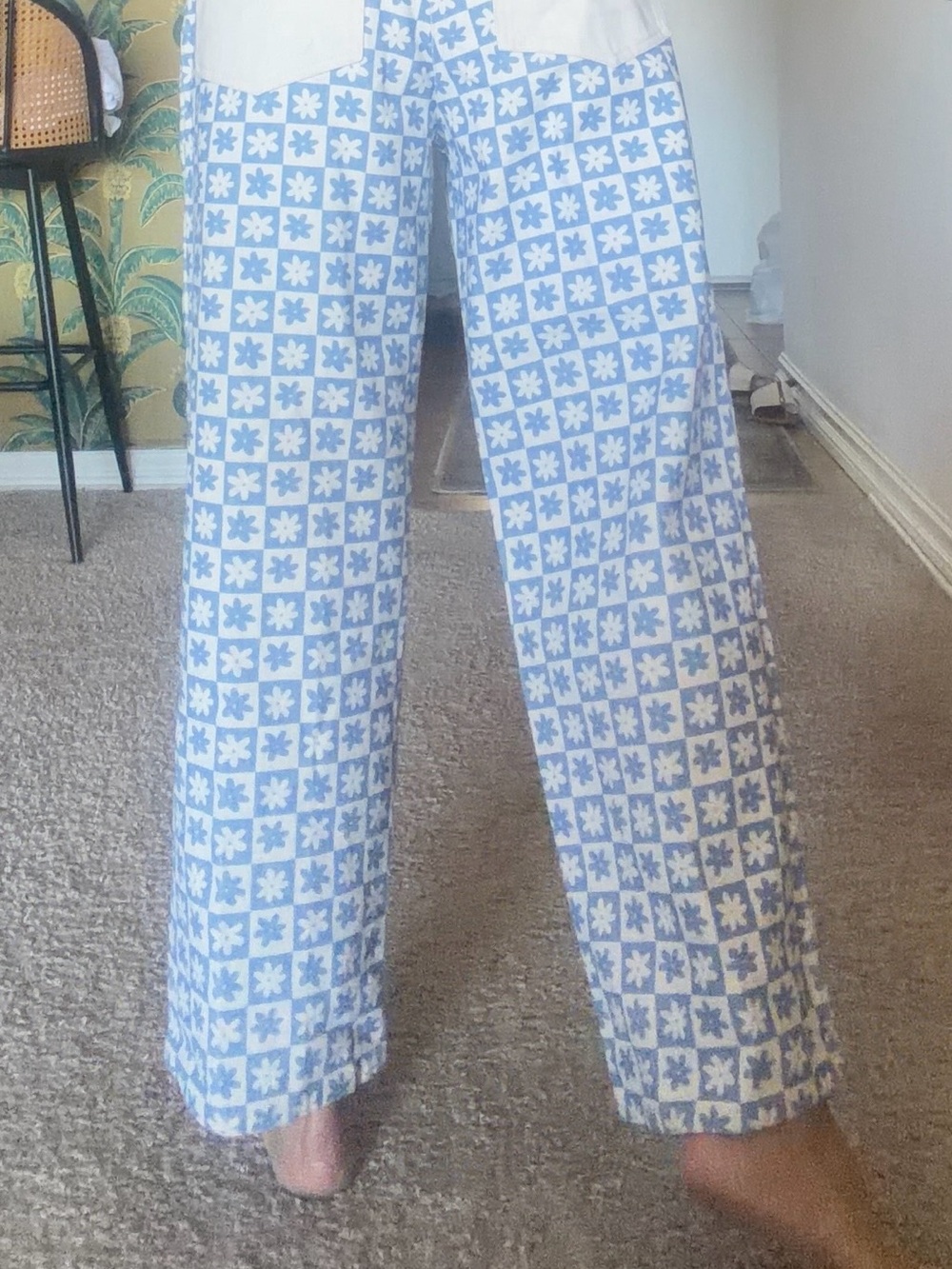 Lisa Says Gah Blue and White Checked Floral Wide-Leg Pants - Picture 2 of 5